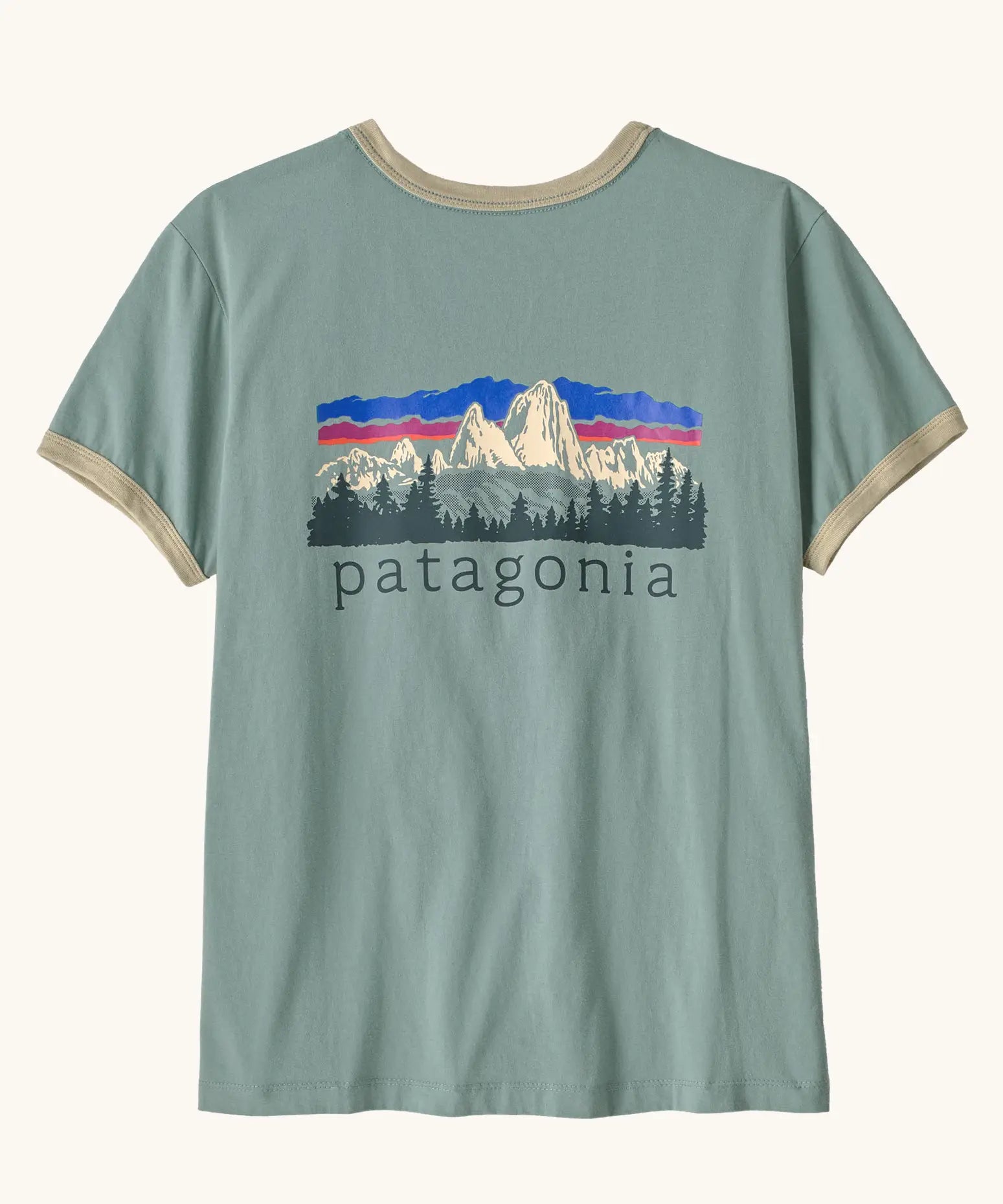 Patagonia women's fitz roy foothills ringer organic cotton tee short sleeve t-shirt in cover green.