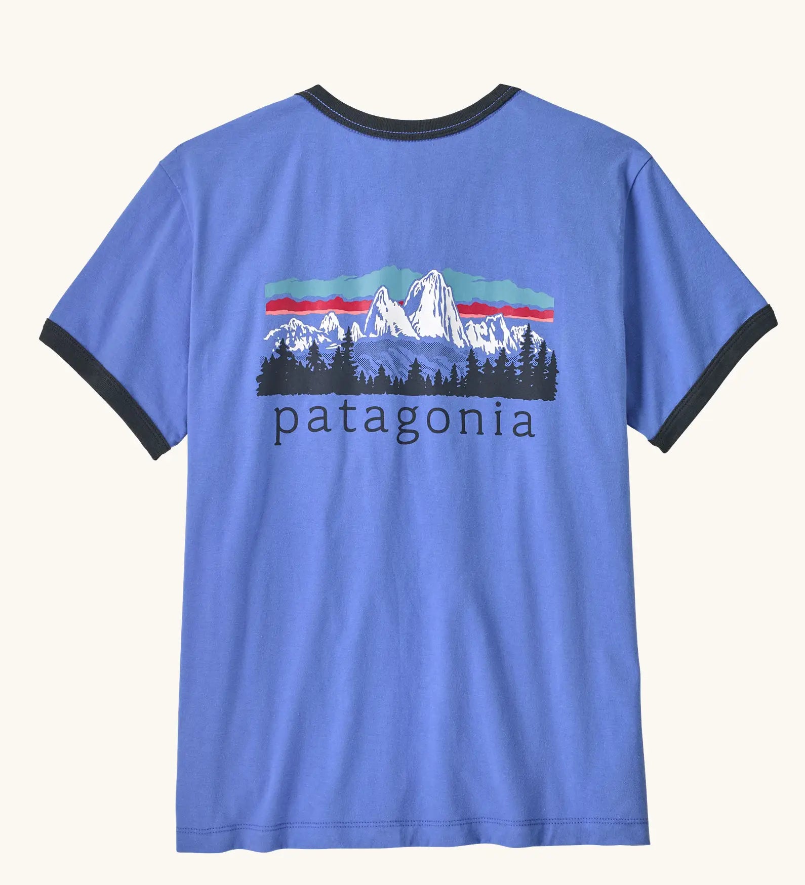 Patagonia women's fitz roy foothills organic cotton ringer tee in diver blue. Mountain scape illustration on front.