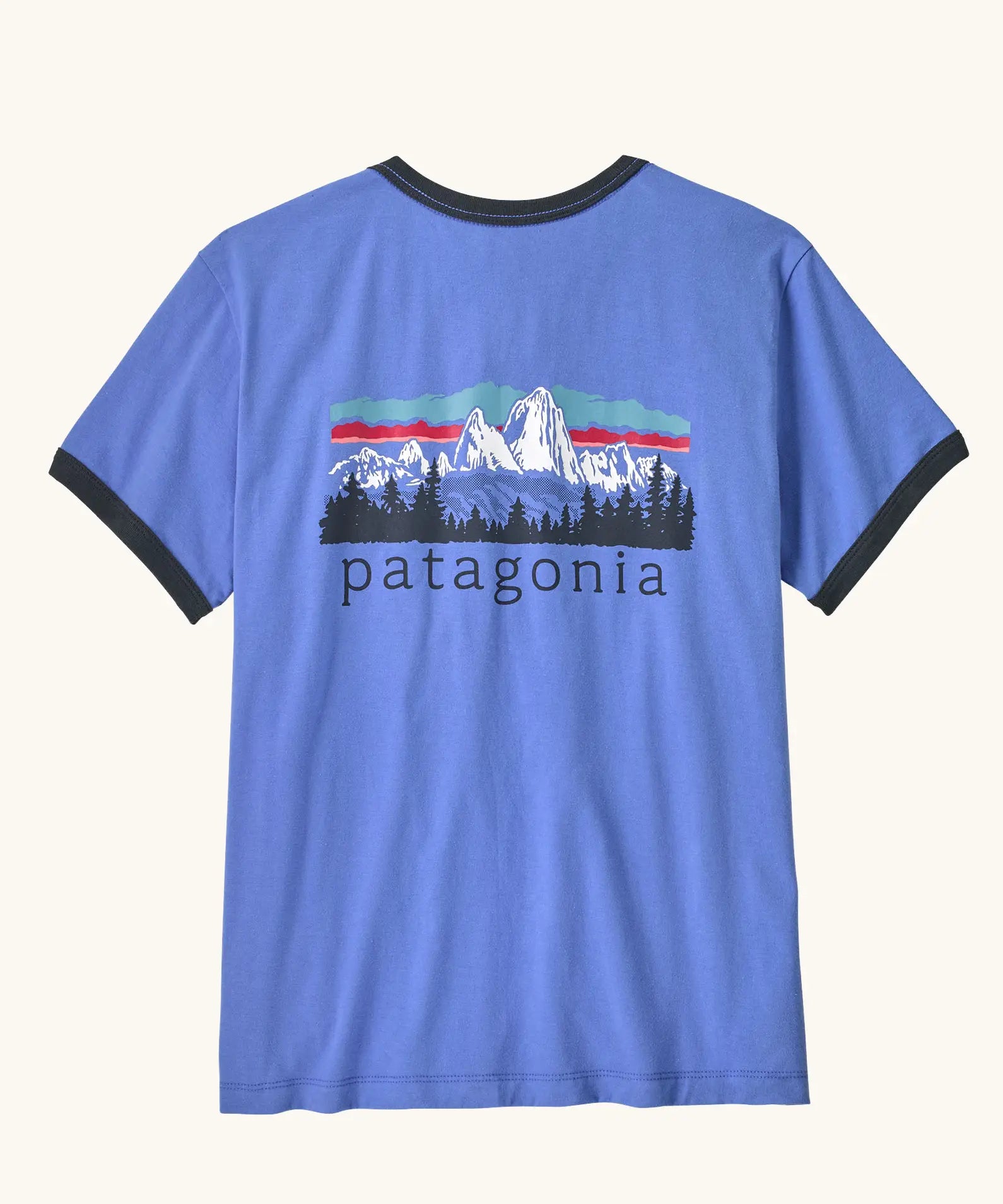 Patagonia women's fitz roy foothills organic cotton ringer tee in diver blue. Mountain scape illustration on front.