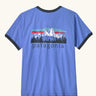 Patagonia women's fitz roy foothills organic cotton ringer tee in diver blue. Mountain scape illustration on front.