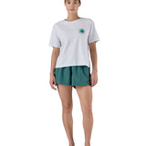 Patagonia Women’s Funhoggers™ Shorts Wetland Blue front view worn on model, falling high on the thigh