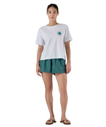 Patagonia Women’s Funhoggers™ Shorts Wetland Blue front view worn on model, falling high on the thigh