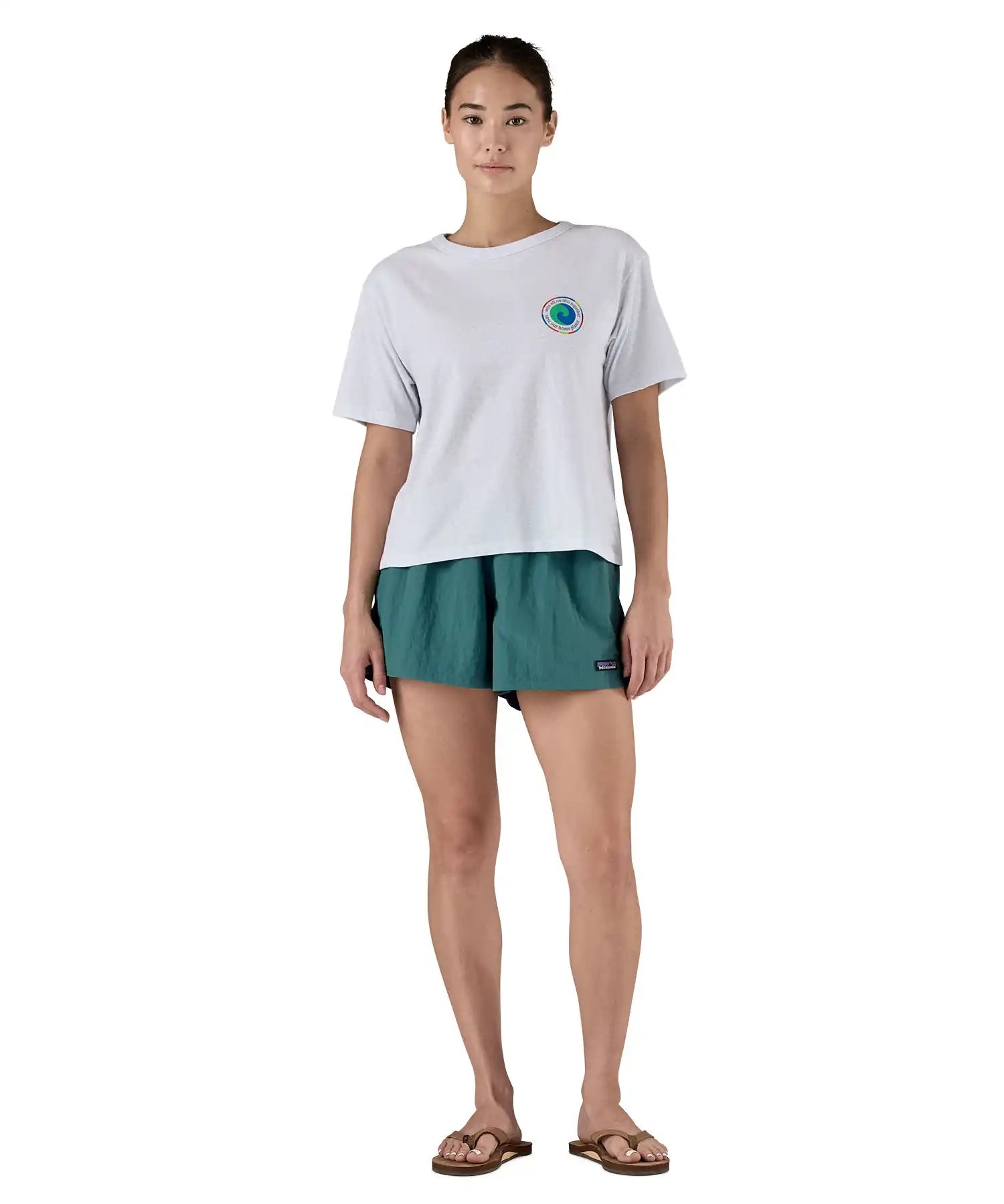 Patagonia Women’s Funhoggers™ Shorts Wetland Blue front view worn on model, falling high on the thigh