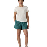 Patagonia Women’s Funhoggers™ Shorts Wetland Blue styled with white T-shirt in full Patagonia outfit