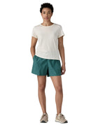 Patagonia Women’s Funhoggers™ Shorts Wetland Blue styled with white T-shirt in full Patagonia outfit