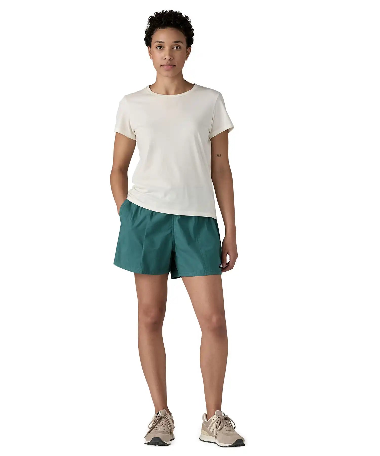 Patagonia Women’s Funhoggers™ Shorts Wetland Blue styled with white T-shirt in full Patagonia outfit