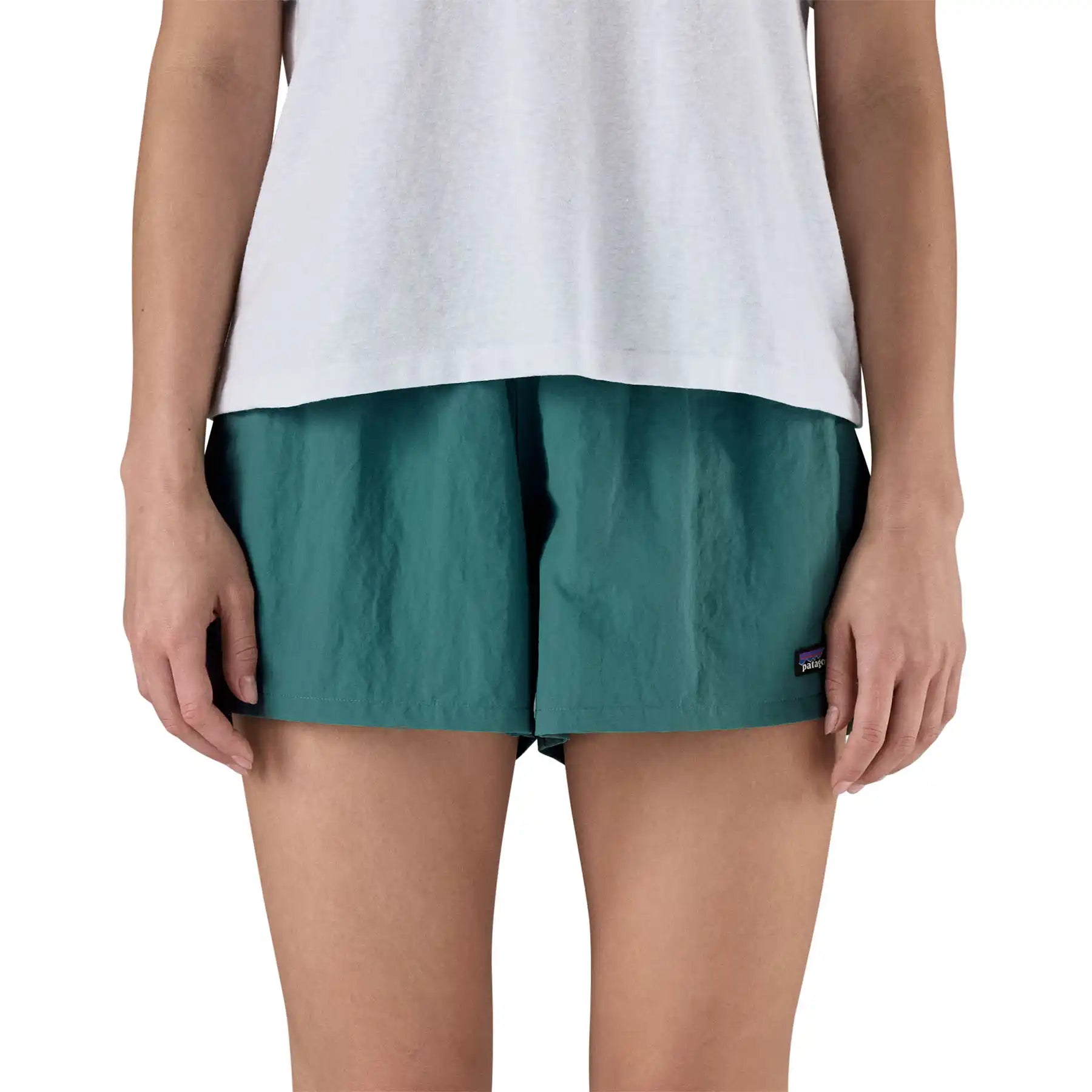Patagonia Women’s Funhoggers™ Shorts Wetland Blue close-up showing deep teal blue cotton weave