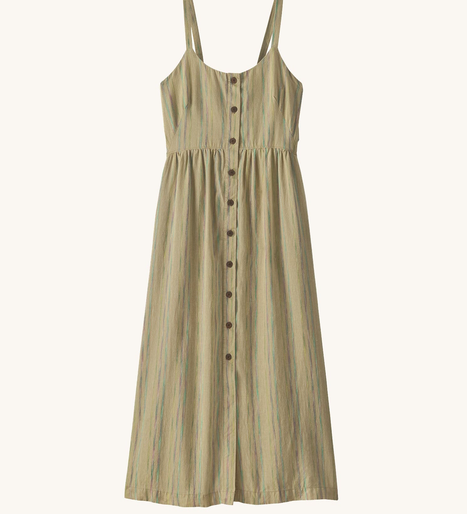 Patagonia women's garden island strappy dress in weathered stone with rapids print.