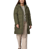 Patagonia women's glacier parka coat in basin green colour front detail