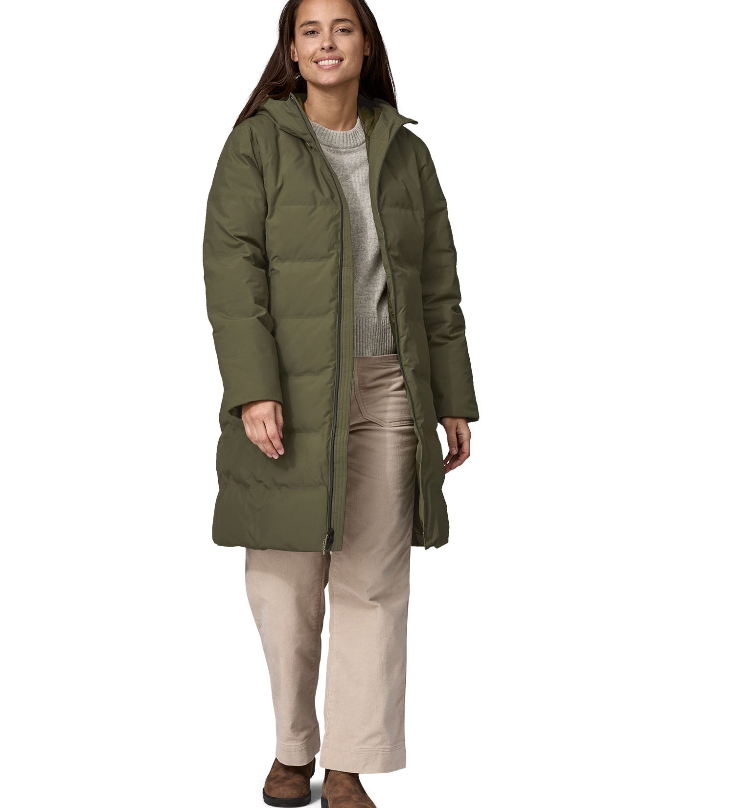 Patagonia women's glacier parka coat in basin green colour front detail