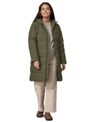 Patagonia women's glacier parka coat in basin green colour front detail