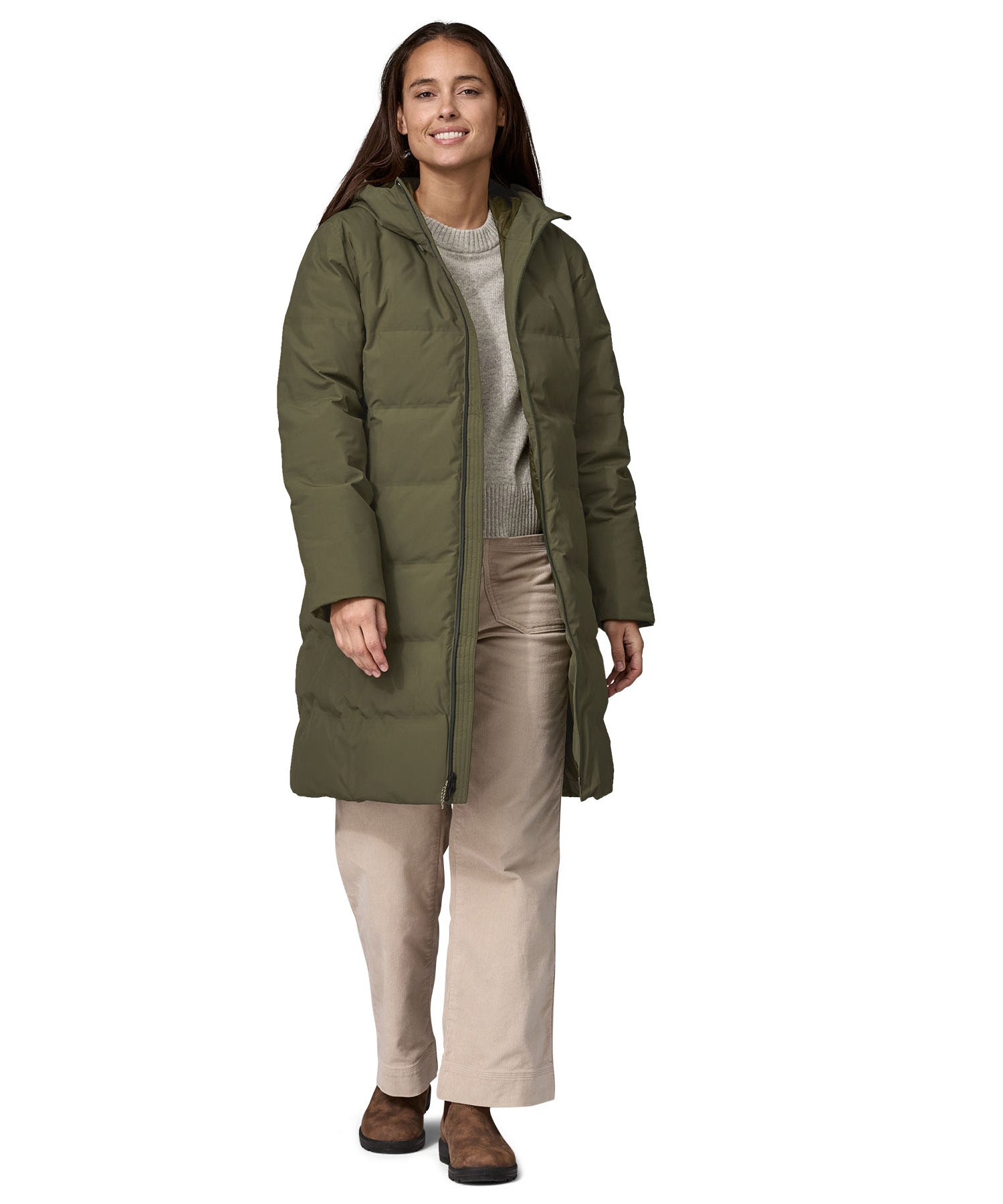 Patagonia women's glacier parka coat in basin green colour front detail