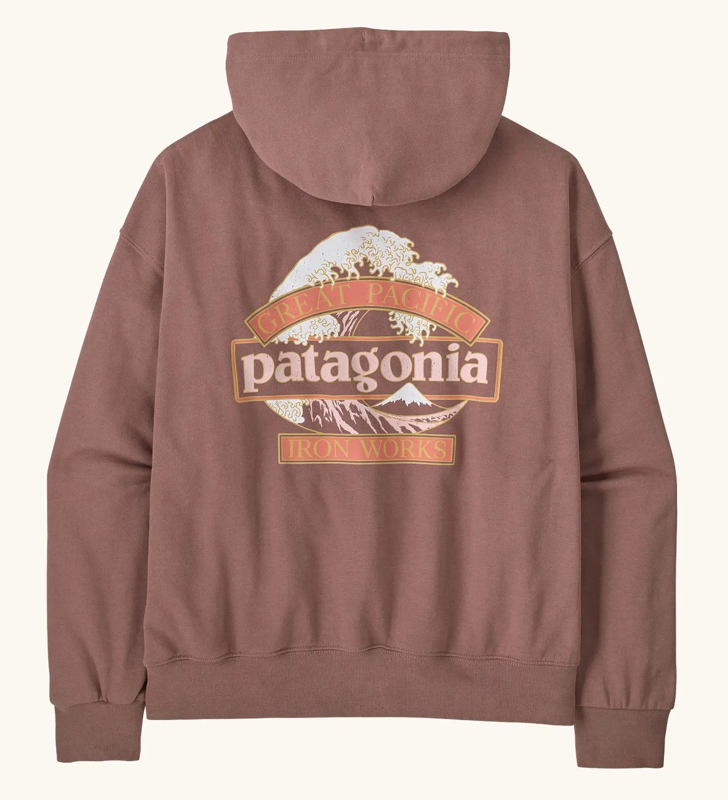 Back of the Patagonia women's great waves daily hoody in moonrise taupe. Large Patagonia logo on the back surrounded by waves and great pacific and iron works in sign style text. 