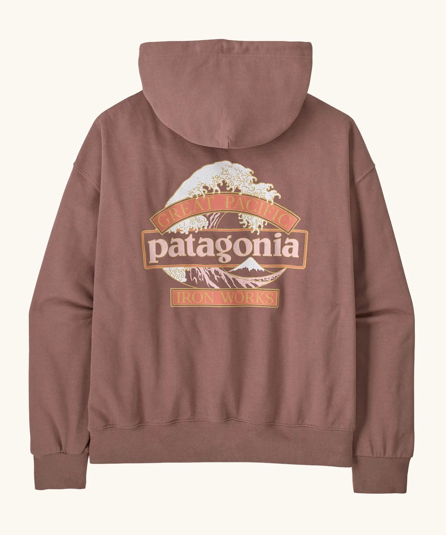 Back of the Patagonia women's great waves daily hoody in moonrise taupe. Large Patagonia logo on the back surrounded by waves and great pacific and iron works in sign style text. 