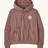  Patagonia women's great waves daily hoody in moonrise taupe. Light pink hooded top with small logo with waves on the chest and a kangaroo pocket.