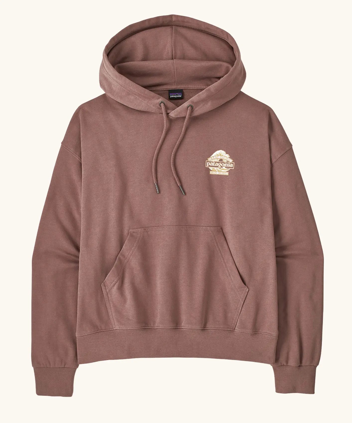  Patagonia women's great waves daily hoody in moonrise taupe. Light pink hooded top with small logo with waves on the chest and a kangaroo pocket.