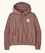  Patagonia women's great waves daily hoody in moonrise taupe. Light pink hooded top with small logo with waves on the chest and a kangaroo pocket.