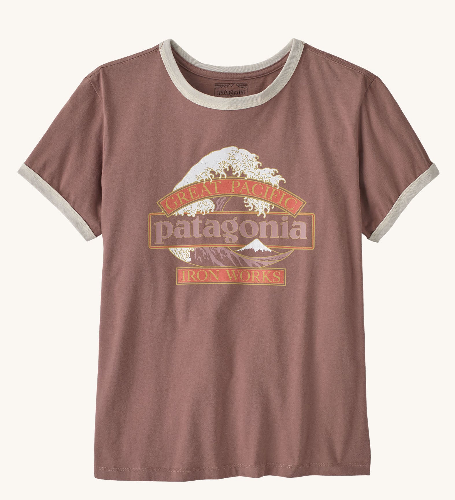 Patagonia women's great waves ringer organic cotton tee short sleeve t-shirt in moonrise taupe.