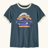 Patagonia women's great waves ringer tee in summit blue. Large Patagonia logo on front surrounded by waves illustration.