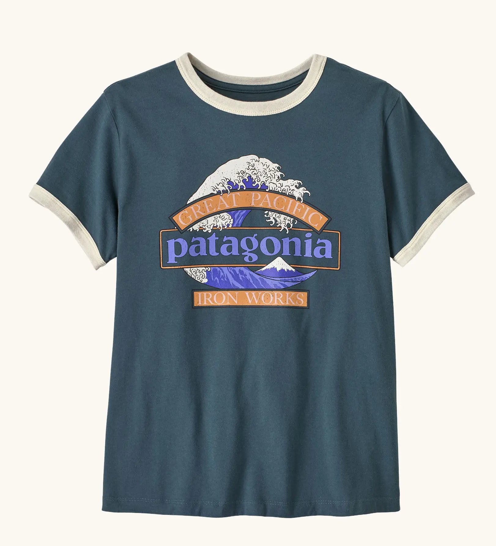 Patagonia women's great waves ringer tee in summit blue. Large Patagonia logo on front surrounded by waves illustration.