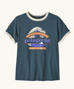 Patagonia women's great waves ringer tee in summit blue. Large Patagonia logo on front surrounded by waves illustration.