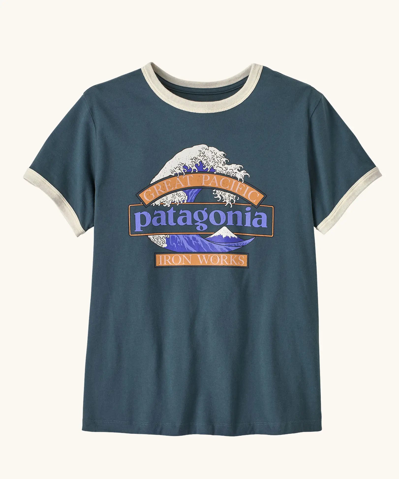Patagonia women's great waves ringer tee in summit blue. Large Patagonia logo on front surrounded by waves illustration.