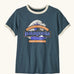 Patagonia women's great waves ringer tee in summit blue. Large Patagonia logo on front surrounded by waves illustration.