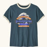 Patagonia women's great waves ringer tee in summit blue. Large Patagonia logo on front surrounded by waves illustration.