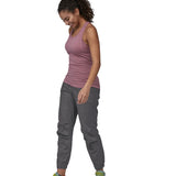 Patagonia women's hampi rock pants in regular ink black being worn. The length reaches just above the ankle.