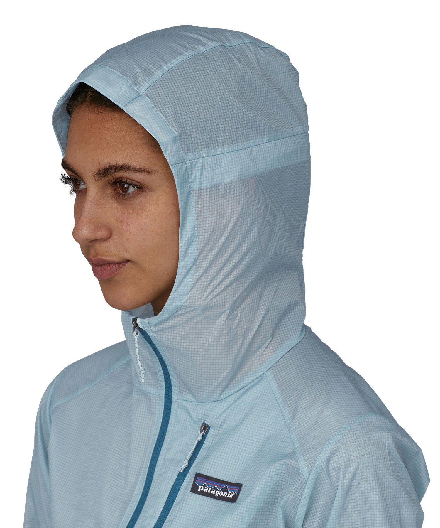 Patagonia womens houdini jacket in light blue hood detail