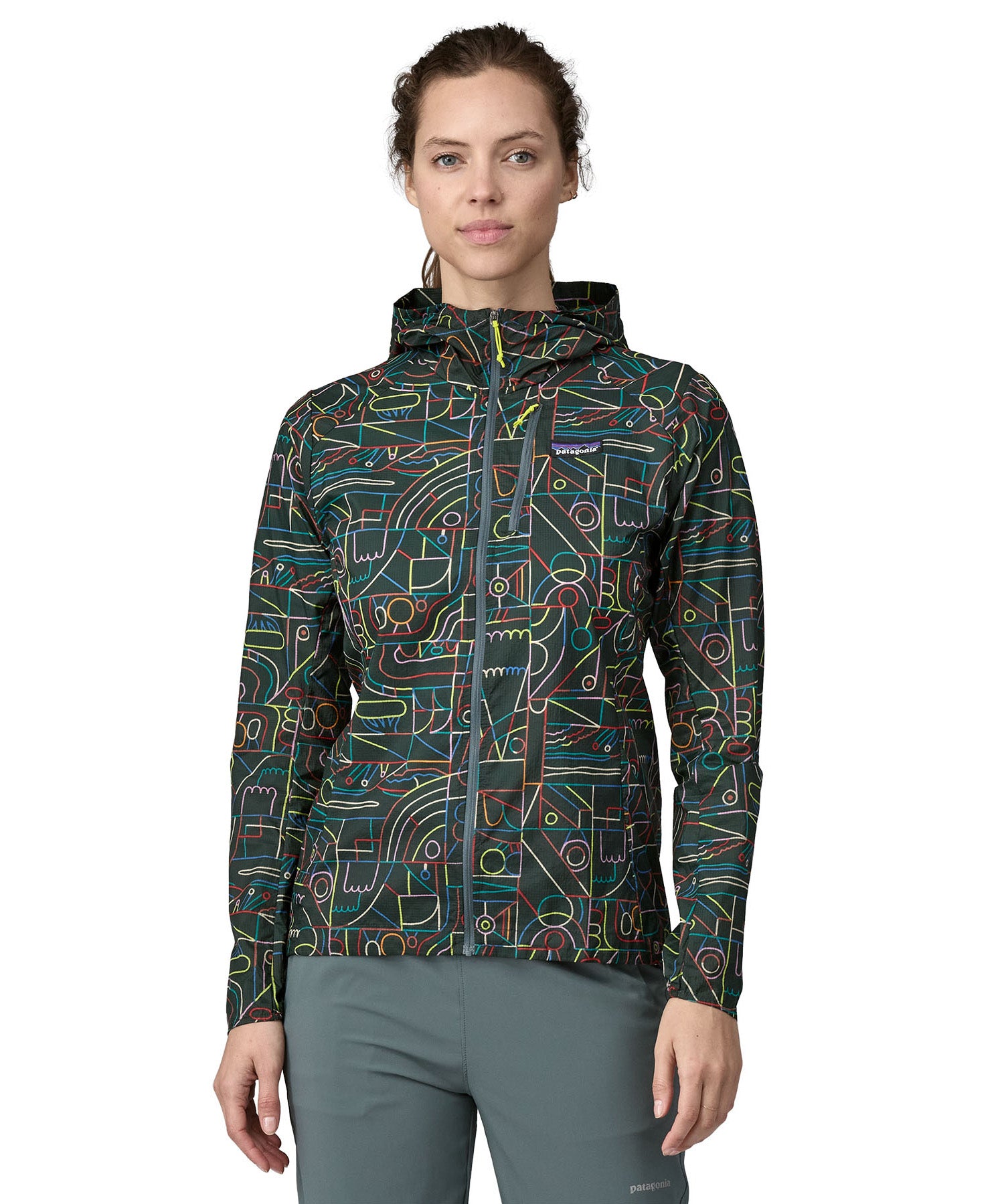 Patagonia Houdini jacket multicoloured lines and nouveau green colour front detail