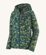 Patagonia women's houdini jacket in a turquoise colour with a retro flower design on a cream background.
