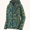 Patagonia women's houdini jacket in a turquoise colour with a retro flower design on a cream background.