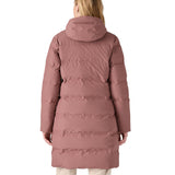 Back of woman wearing a pink Patagonia Jackson Glacier Parka. Jacket reaches the mid-thigh and has medium thickness. 