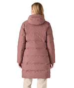 Back of woman wearing a pink Patagonia Jackson Glacier Parka. Jacket reaches the mid-thigh and has medium thickness. 