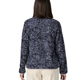 Back of woman wearing the Patagonia women's lightweight synchilla fleece snap-T pullover with a saxifrage pattern in a sunken blue colour. 