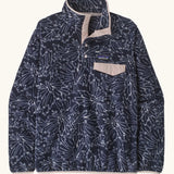 Patagonia women's lightweight synchilla fleece snap-T pullover with a saxifrage pattern in a sunken blue colour. 