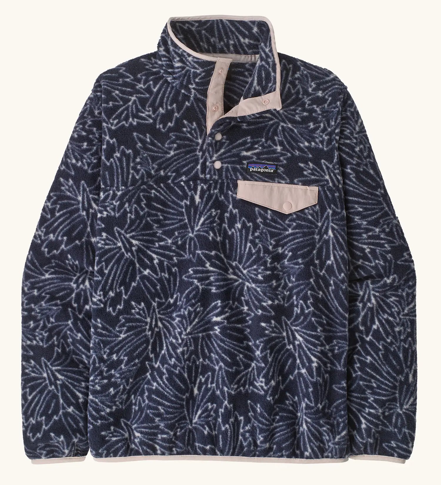 Patagonia women's lightweight synchilla fleece snap-T pullover with a saxifrage pattern in a sunken blue colour. 