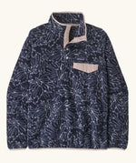 Patagonia women's lightweight synchilla fleece snap-T pullover with a saxifrage pattern in a sunken blue colour. 