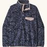 Patagonia women's lightweight synchilla fleece snap-T pullover with a saxifrage pattern in a sunken blue colour. 
