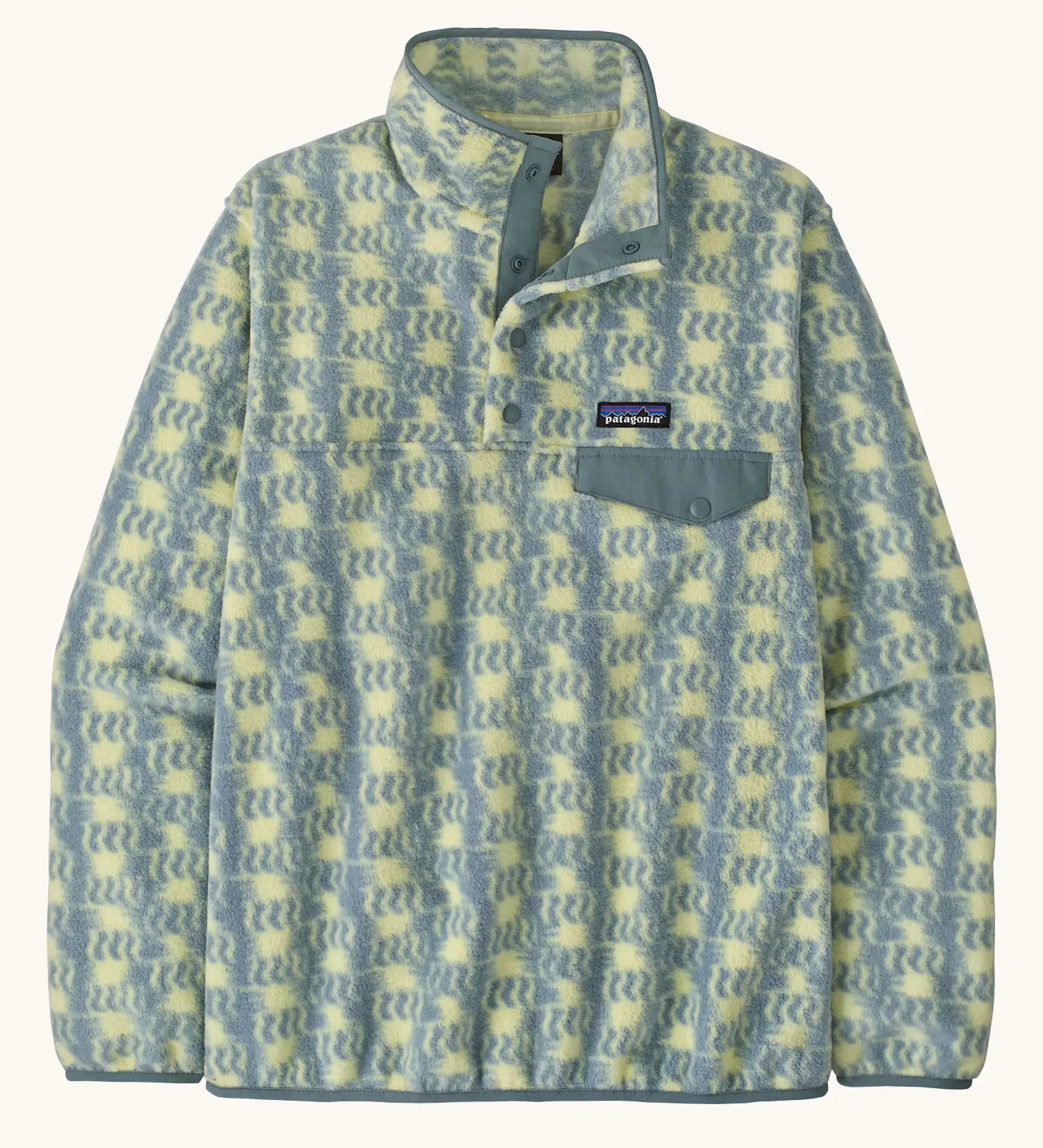 Patagonia women's lightweight synchilla fleece snap-T pullover in a sun Quilt pattern in blue sage.