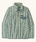 Patagonia women's lightweight synchilla fleece snap-T pullover in a sun Quilt pattern in blue sage.