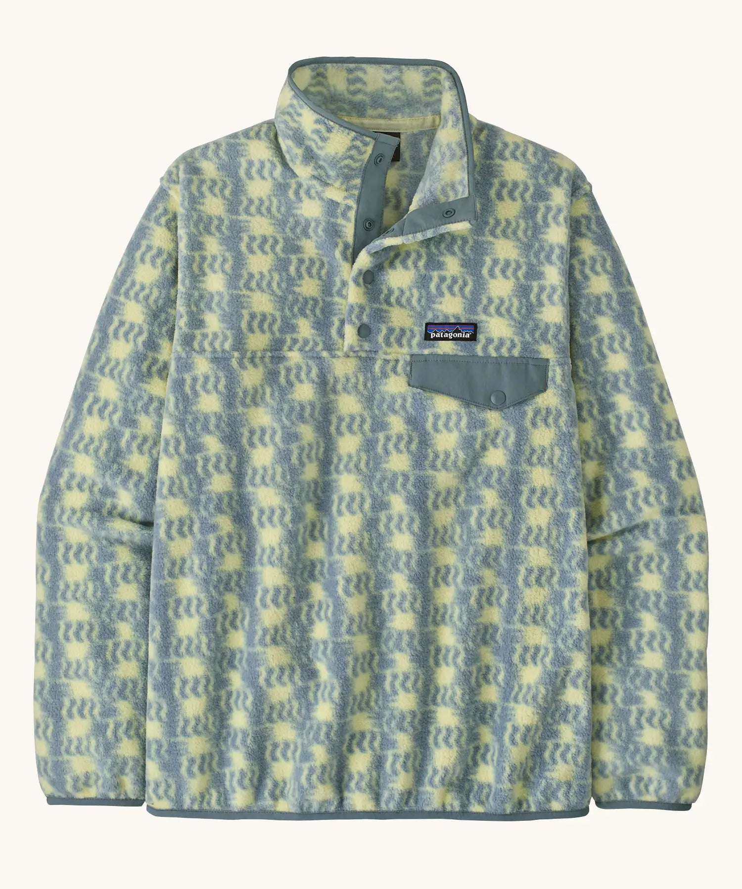 Patagonia women's lightweight synchilla fleece snap-T pullover in a sun Quilt pattern in blue sage.