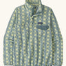 Patagonia women's lightweight synchilla fleece snap-T pullover in a sun Quilt pattern in blue sage.