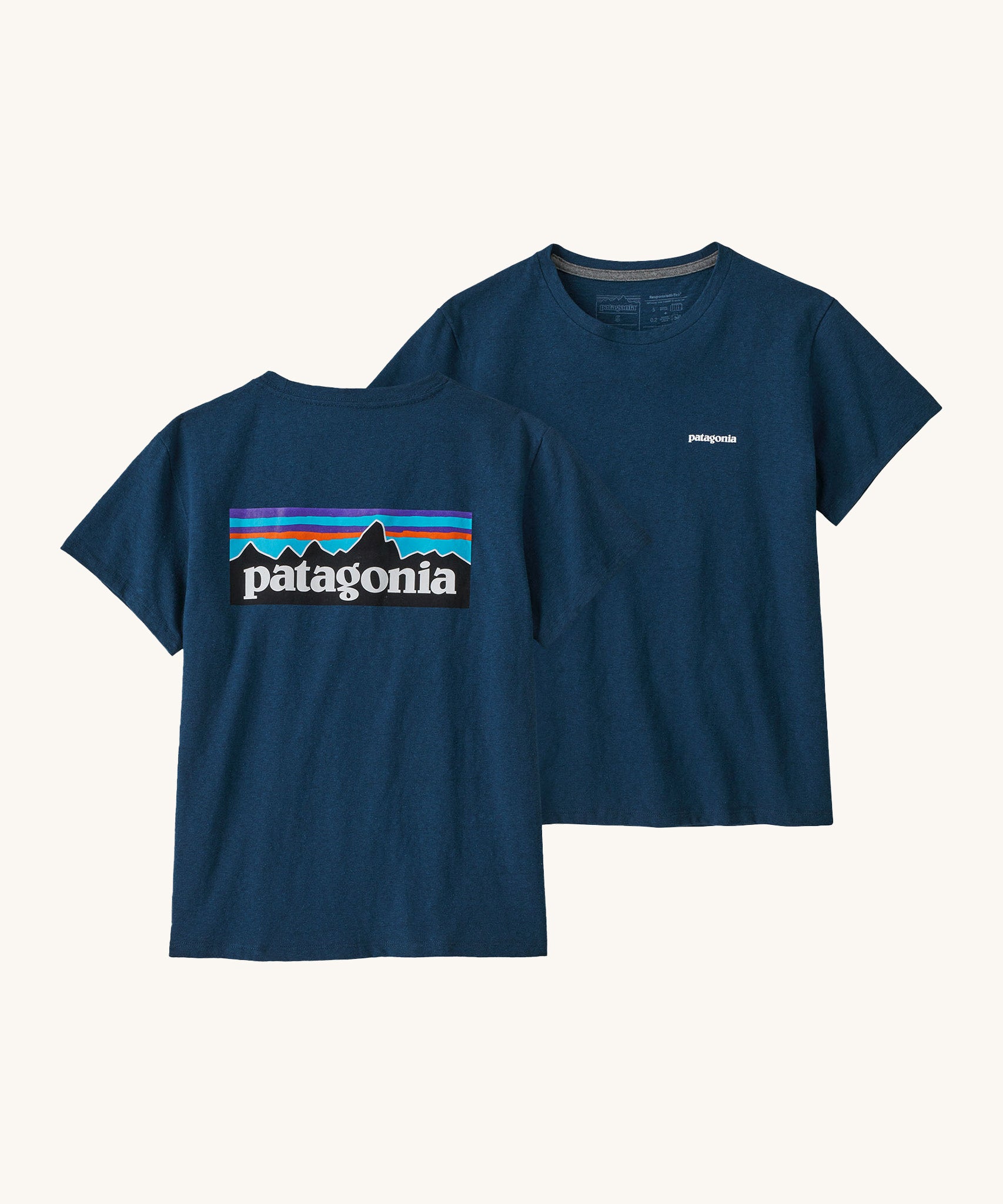 Patagonia women's dark blue short sleeve t-shirt front and back detail
