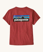 Patagonia women's logo t-shirt in sequoia red. A short sleeve t-shirt with a large brand logo on the back. 