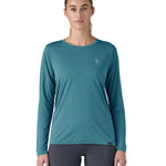 Patagonia women's long sleeve capilene top in turquoise beach outline design worn by a woman front detail