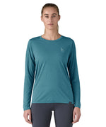 Patagonia women's long sleeve capilene top in turquoise beach outline design worn by a woman front detail