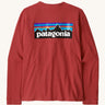 Patagonia women's responsibilli top in potters red. A long sleeve top with a large brand patch printed on the back 
