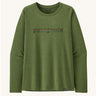 Patagonia Women's L/S Cap Cool Daily Graphic Shirt in a Green X-Dye colour on a plain background. 